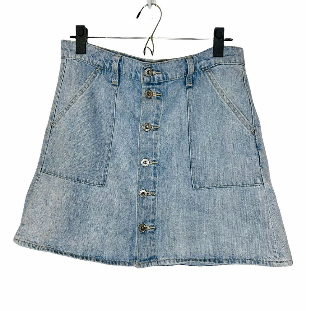Lucky Brand Mini Jean Skirt Blue Light Wash Denim Button Front Utility sz 10/30